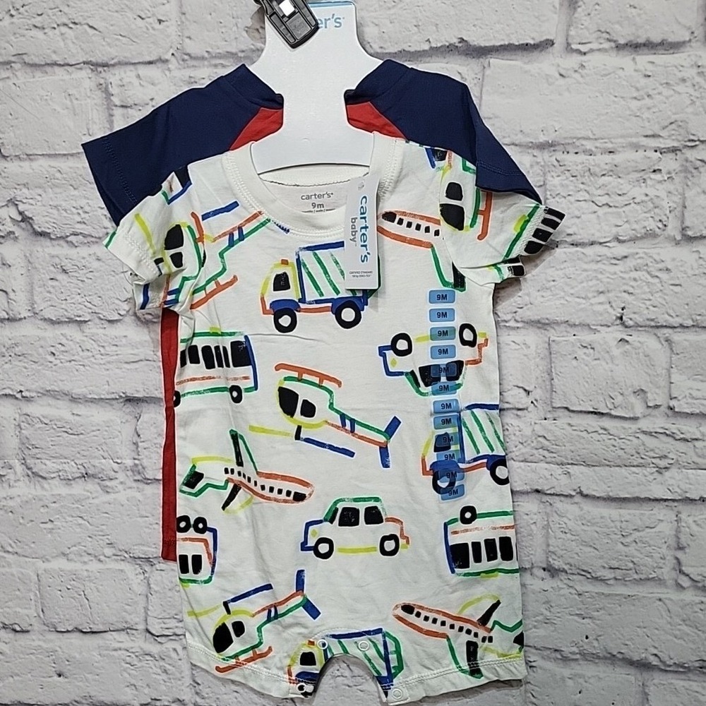 Carters Baby‎ Boys 2-Pack Transportation and Red Raglan Rompers Size 9M NEW
